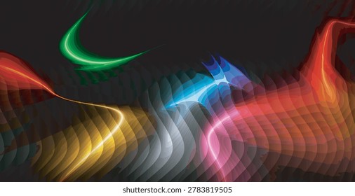 A mesmerizing abstract image featuring colorful glowing trails in red, orange, yellow, green, blue, and pink hues on a dark background with wavy textured lines