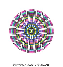 Una fascinante Imagen abstracta con una composición perfectamente circular y un caleidoscopio de colores vibrantes. El diseño consta de innumerables segmentos Pequeños en forma de diamante dispuestos en anillos concéntricos, creando un llamativo efecto espiral que atrae la atención hacia el centro. Cada segmento cuenta con un tono único, que incluye tonos de rosa, verde, púrpura, amarillo, azul y marrón, contribuyendo a un patrón general intrincado y visualmente dinámico. La obra de arte se coloca sobre un fondo blanco limpio, enfatizando su compleja geometría y rica paleta de colores.