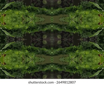 A mesmerizing abstract pattern featuring rich, dark green tropical foliage and organic textures. The symmetrical arrangement creates a captivating visual rhythm, hinting at lush jungle environments