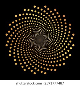 A mesmerizing abstract spiral pattern composed of golden square dots against a stark black background, creating an illusion of depth and motion.