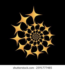 A mesmerizing abstract spiral pattern formed by radiant golden stars against a stark black background, creating an illusion of depth, movement, and celestial sparkle.