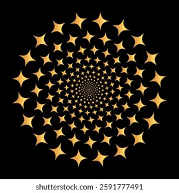 A mesmerizing abstract spiral pattern formed by golden, rounded squares against a stark black background, creating a captivating optical illusion of depth, motion, and a tunnel-like pathway