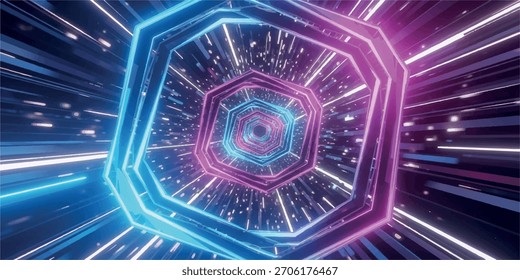 Un fascinante túnel abstracto con vibrantes luces de neón y Formas geométricas, creando una experiencia visual futurista y dinámica.