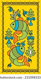 Mesmerizing Aquatic Delight: Madhubani Fish Wall Artistry. Madhubani art, Contemporary Art, Indian Paintings, Wall Paintings, Modern Art Paintings.
