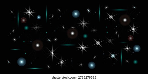Eine faszinierende Reihe von bunten Sternen und Himmelskörpern auf dunklem Hintergrund