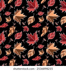 A mesmerizing autumn pattern filled with a variety of leaves in warm yellow and brown tones.