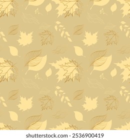 A mesmerizing autumn pattern filled with a variety of leaves in warm yellow and brown tones. 