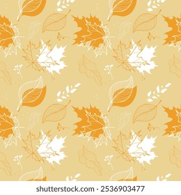 A mesmerizing autumn pattern filled with a variety of leaves in warm yellow and brown tones. 