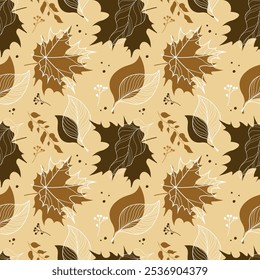 A mesmerizing autumn pattern filled with a variety of leaves in warm yellow and brown tones. 