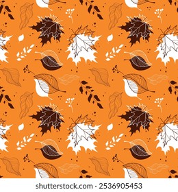 A mesmerizing autumn pattern filled with a variety of leaves in warm yellow and brown tones. 