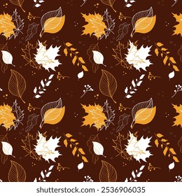 A mesmerizing autumn pattern filled with a variety of leaves in warm yellow and brown tones.