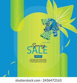  mesmerizing backdrop of blue flowers and lush green leaves, ideal for your sale template needs. delicate blue blooms dance gracefully creating a harmonious tapestry of color and texture create charm 