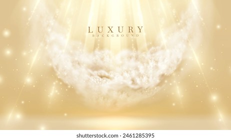 A mesmerizing background featuring a celestial cloud engulfed in radiant golden light rays and twinkling stars, ideal for spiritual themes. Luxury stage scene.