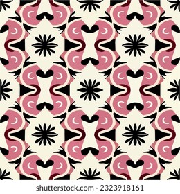 Mesmerizing black and pink seamless pattern exhibits symmetrical elements on white background, forming captivating and harmonious design.