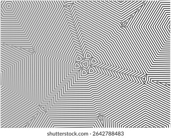mesmerizing black and white abstract pattern composed of concentric lines that form intricate geometric shapes, including hexagons and a central floral design - Powered by Shutterstock - Get 15% off with code: PIKWIZARD15