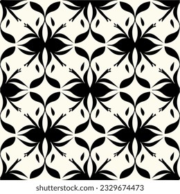 Mesmerizing black and white art nouveau pattern of dark flowers on a white background, creating a repeating fabric design.