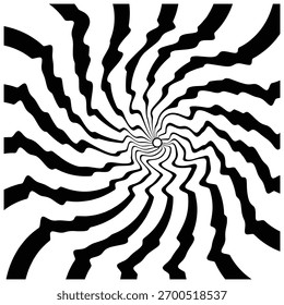Uma ilusão ótica em preto e branco hipnotizante com um redemoinho dinâmico de vórtice. O padrão desenha o olho em direção ao centro, criando um efeito hipnótico e abstrato.
