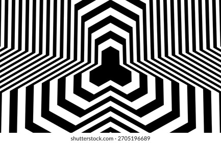 Uma ilusão ótica em preto e branco hipnotizante apresentando formas e padrões geométricos, criando uma sensação de profundidade e movimento.