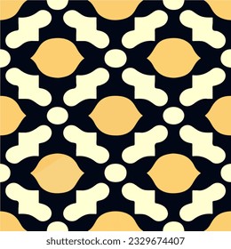 Mesmerizing black and white pattern enriched by yellow circles, reminiscent of art deco style and displaying elements of a Sierpinski gasket and hexagonal shapes.