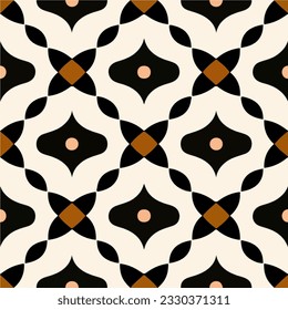 Mesmerizing black and white pattern featuring orange circles, reminiscent of fractal muqarnas with a touch of Escher and Penrose styles, creating an intriguing seamless pattern.