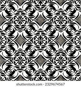 Mesmerizing black and white pattern showcasing circles, an art deco motif, a dark flower pattern, and a damask inspired design, evoking a sense of sophistication and elegance.
