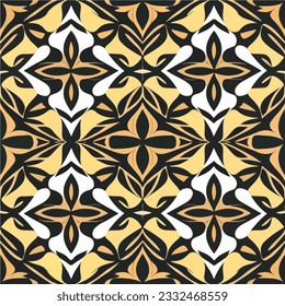 Mesmerizing black and white pattern takes center stage against a vibrant yellow backdrop, reminiscent of art nouveau style. This seamless design combines art deco elements to create an.