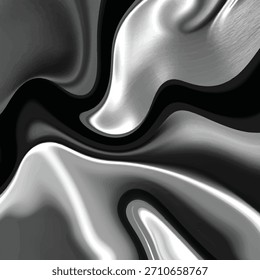 Una fascinante obra de arte abstracta en blanco y negro con Formas plateadas metálicas fluidas y suaves que se doblan y se tuercen sobre un fondo negro profundo. Las texturas reflectantes y líquidas crean una sensación 