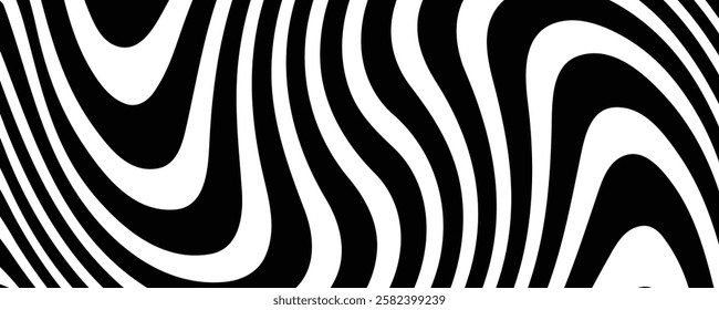 Mesmerizing black-and-white optical illusion, where flowing waves create a hypnotic visual effect. Perfect as a striking background, modern design element, or eye-catching wallpaper