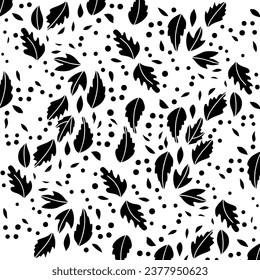 A mesmerizing blend of cubism and psychedelia, this composition showcases black leaves and tiny circles on a white canvas to form an intriguing vector pattern.