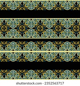 A mesmerizing blue and gold pattern on a striking black background