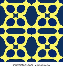 Mesmerizing blue and yellow pattern showcases seamless symmetry, featuring captivating circles reminiscent of an indigo occult design.