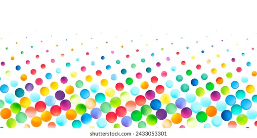 A mesmerizing cascade of colorful bubbles in a gradient formation fades into a white backdrop, ideal for themes of diversity and transition.