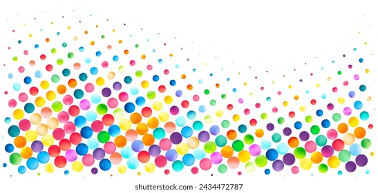 A mesmerizing cascade of colorful bubbles in a gradient formation fades into a white backdrop, ideal for themes of diversity and transition.