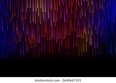 Mesmerizing cascade of colorful, luminous lines against a dark backdrop. Colorful vertical light strips in vibrant blues, purples, oranges, and yellows. Cyber digital theme background. Vector.