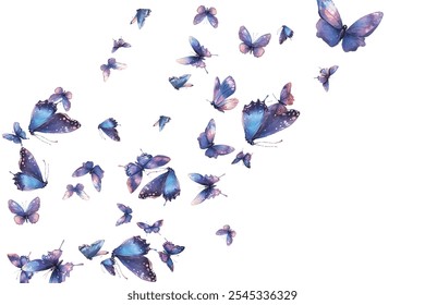 A mesmerizing collection of delicate,  butterflies in shades of blue and purple, ideal for elegant and artistic backgrounds. Perfect for designs that evoke beauty, grace, and tranquility.