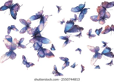 A mesmerizing collection of delicate,  butterflies in shades of blue and purple, ideal for elegant and artistic backgrounds. Perfect for designs that evoke beauty, grace, and tranquility.