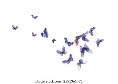 A mesmerizing collection of delicate,  butterflies in shades of blue and purple, ideal for elegant and artistic backgrounds. Perfect for designs that evoke beauty, grace, and tranquility.