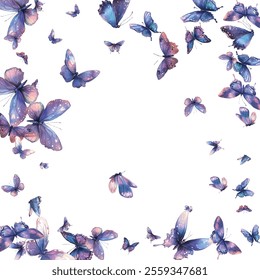 A mesmerizing collection of delicate,  butterflies in shades of blue and purple, ideal for elegant and artistic backgrounds. Perfect for designs that evoke beauty, grace, and tranquility.