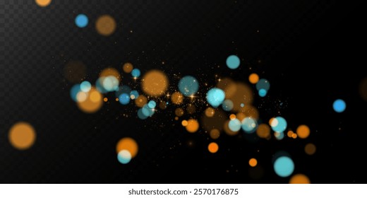 A mesmerizing composition of ethereal blue and golden bokeh lights shimmering on a dark transparent background, evoking a sense of magic, elegance, and festive wonder—perfect for creative projects.