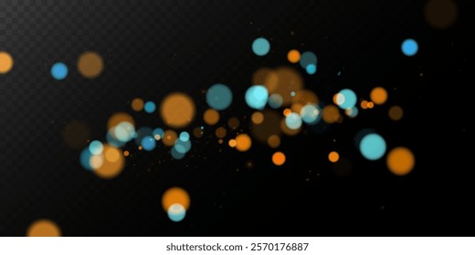 A mesmerizing composition of ethereal blue and golden bokeh lights shimmering on a dark transparent background, evoking a sense of magic, elegance, and festive wonder—perfect for creative projects.