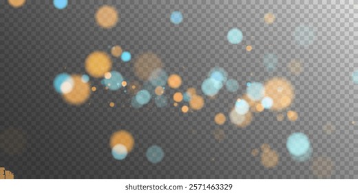 A mesmerizing composition of ethereal blue and golden bokeh lights shimmering on a dark transparent background, evoking a sense of magic, elegance, and festive wonder—perfect for creative projects.	