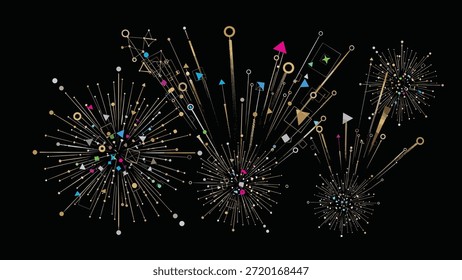 Una fascinante obra de arte digital que representa fuegos artificiales con intrincadas Formas geométricas e irradia líneas en colores vivos contra un fondo oscuro, capturando una sensación de celebración y energía dinámica