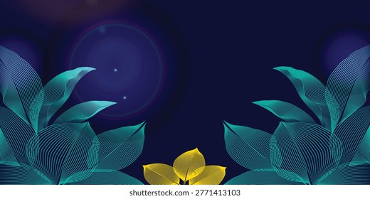 A mesmerizing digital artwork featuring teal leaves and a single yellow flower set against a deep blue background with a radiant orb and subtle lens flares, creating a captivating visual effect.
