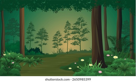 A mesmerizing digital artwork of a magical forest, featuring lush green gradients, towering trees, and a winding path that invites exploration. Perfect for fantasy themes, nature-inspired designs.