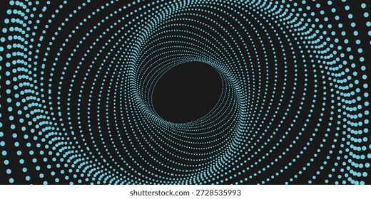 Un fascinante túnel digital creado por una serie de puntos azules brillantes sobre un fondo oscuro, formando un vórtice hipnótico arremolinado con una sensación de profundidad infinita.