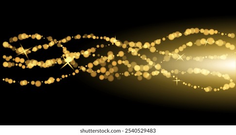 A mesmerizing display of golden bokeh lights swirling against a dark backdrop, creating a magical and festive atmosphere. Vector illustration