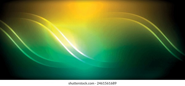 A mesmerizing display of a green and yellow wave against a black background resembling the aurora in the sky, reflecting on the waters surface, creating a stunning natural landscape