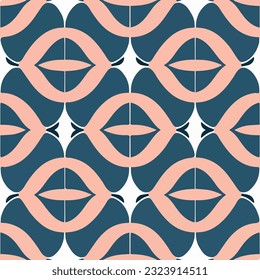 Mesmerizing fabric pattern with white backdrop. The elegant blend of blue and pink creates an art deco inspired design, seamlessly repeating throughout.