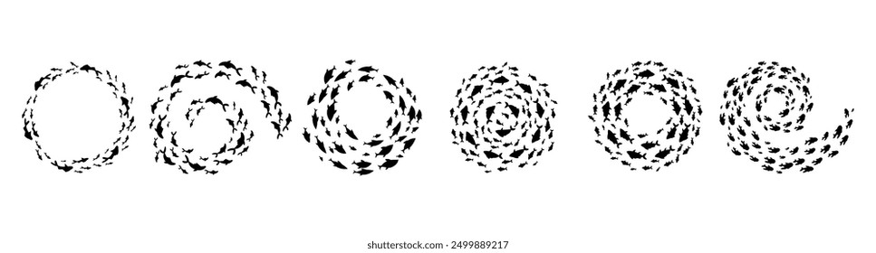 Mesmerizing fish patterns creating dynamic forms in the ocean. These underwater schools showcase the stunning beauty of marine life as seen in the sea water. Perfect for border, logo and frame design.