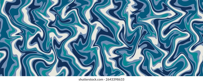 Um padrão abstrato hipnotizante e fluido. Linhas onduladas fluindo em tons de azul, azul-petróleo, azul-marinho e branco-escuro se entrelaçam para criar um visual dinâmico e groovy, reminiscente do mármore líquido.
